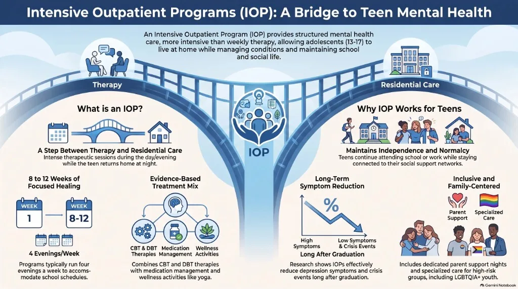 Infographic: Intensive Outpatient Programs (IOP) as a bridge to teen mental health between weekly therapy and residential care