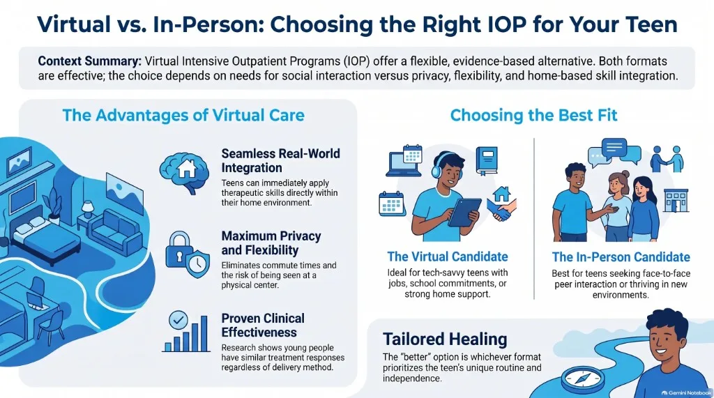 Infographic: Virtual vs. in-person IOP — how to choose the right format for your teen