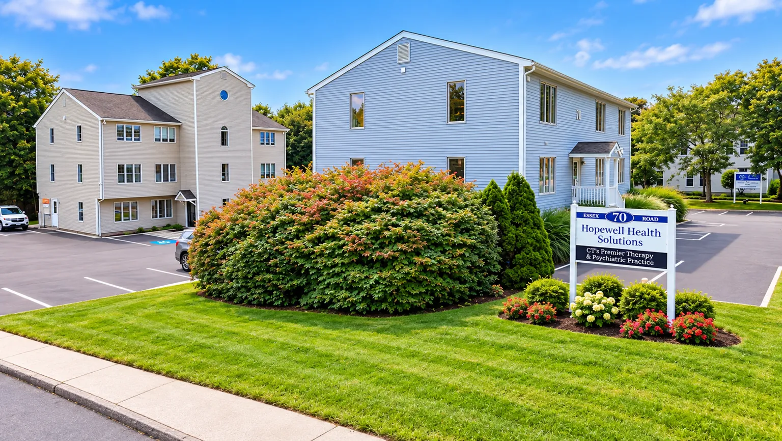 Hopewell Health Solutions sign and building at 70 Essex Road, Westbrook