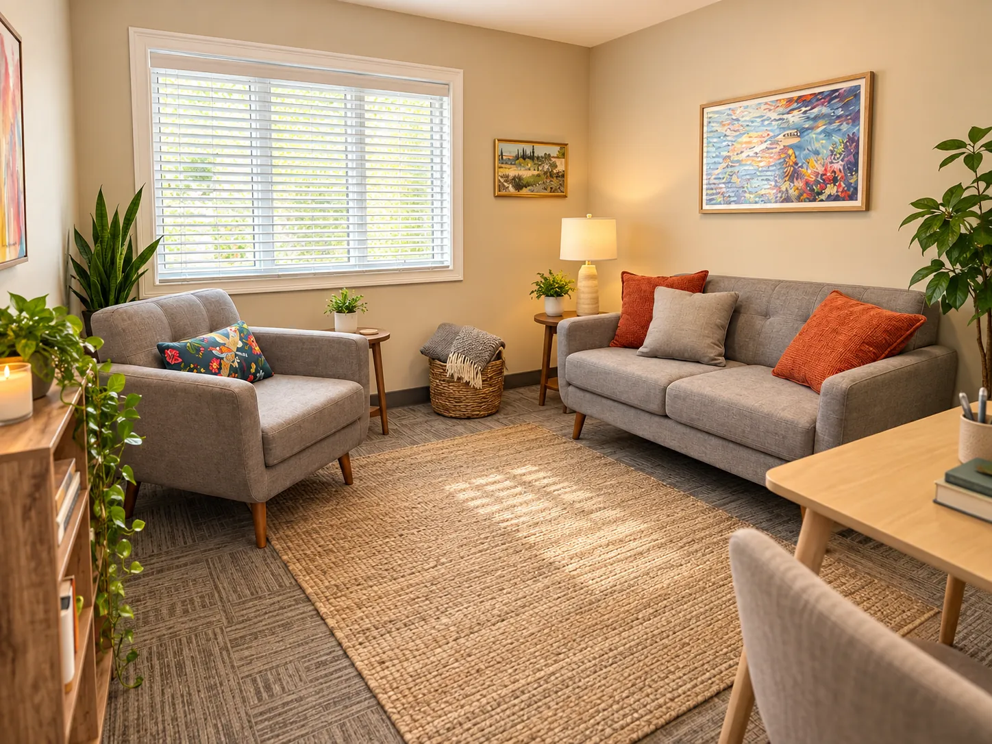 Therapy room with sofa and armchair in Westbrook