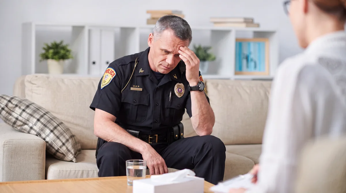 A police officer receiving one-on-one support at Hopewell Health Solutions' First Responder IOP